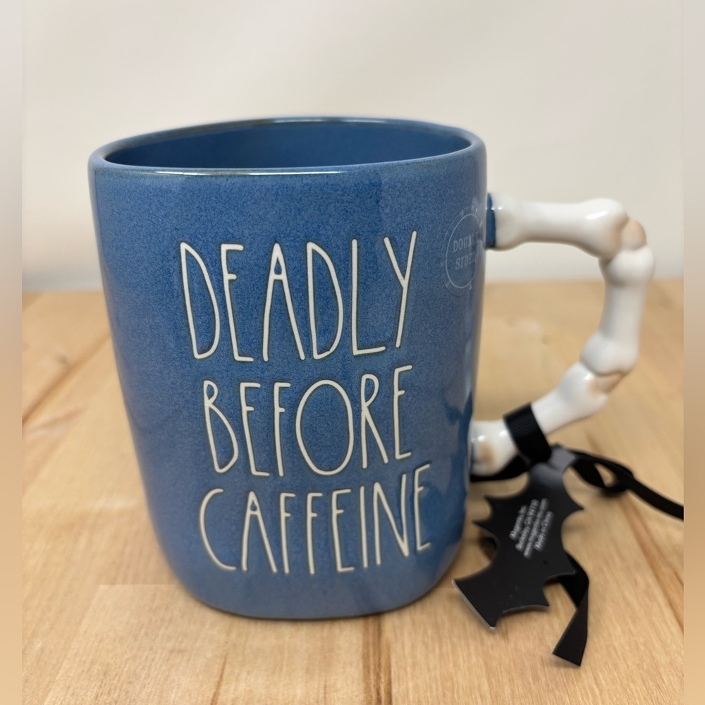 Rae Dunn Halloween DEADLY BEFORE CAFFEINE Mug Blue Double Sided Skeleton Handle